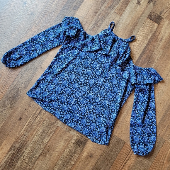 Michael Kors Blue Floral Ruffled Peekaboo Blouse - Picture 2 of 9